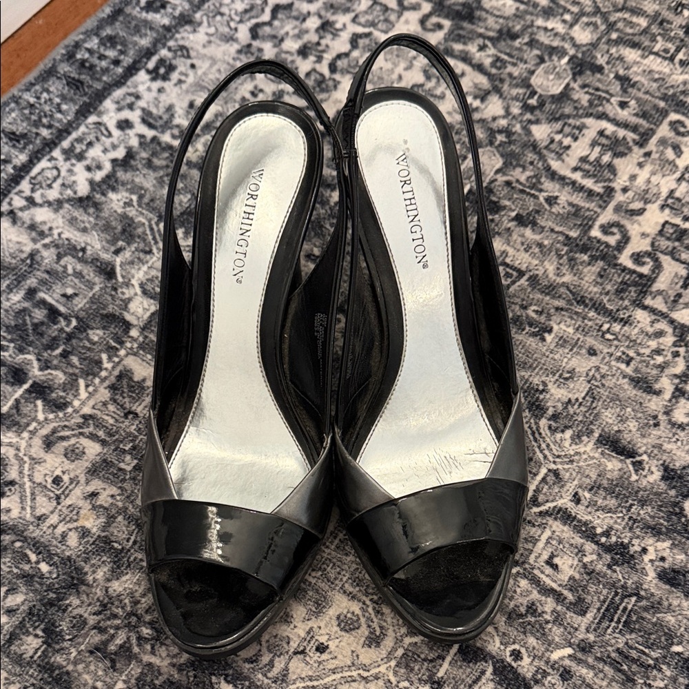 Worthington Black Peep-Toe Slingback Heels